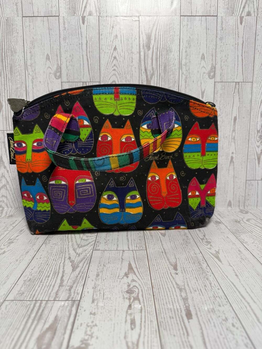 Laurel Burch Multicolored Cat Faces Canvas Handbag Zip Top